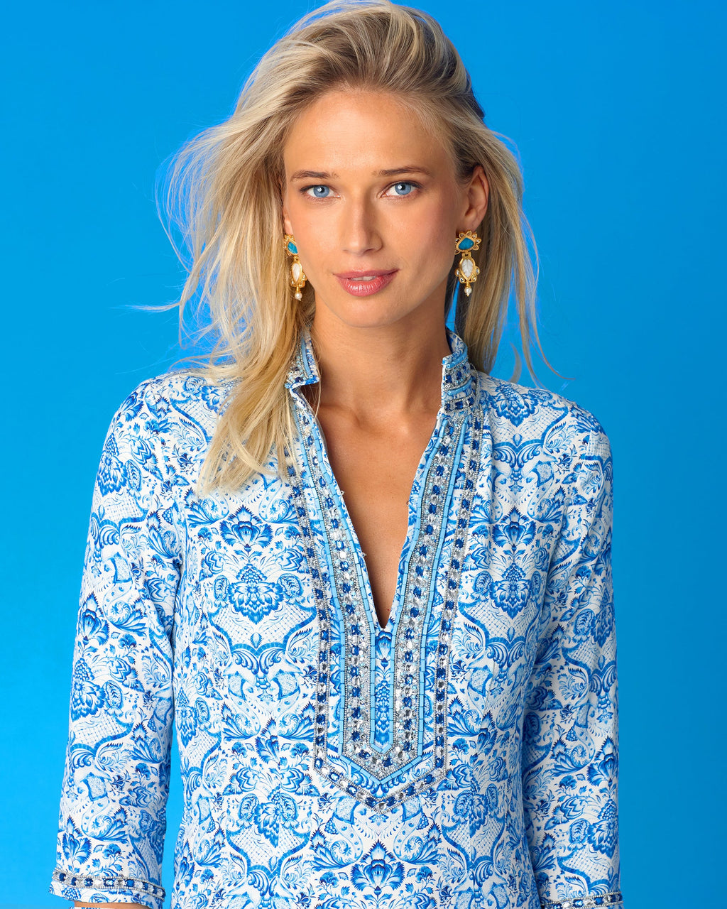 Shalimar Long Tunic Dress in Sapphire Jewel Embellishment